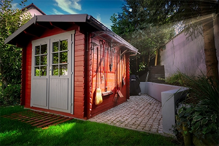 Garden shed in a garden corner