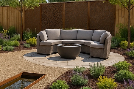 Circular patio area with a round seating set