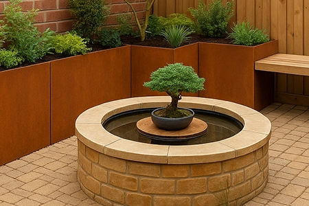 Raised pond with potted bonsai
