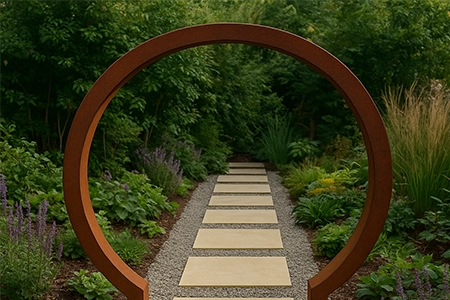 A Corten steel archway with sandstone paving and gravel